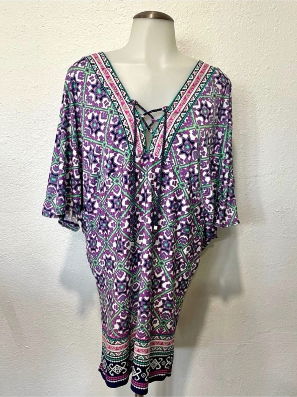 Nanette Lepore Purple Patterned Swim Coverup with Green & Pink Trim